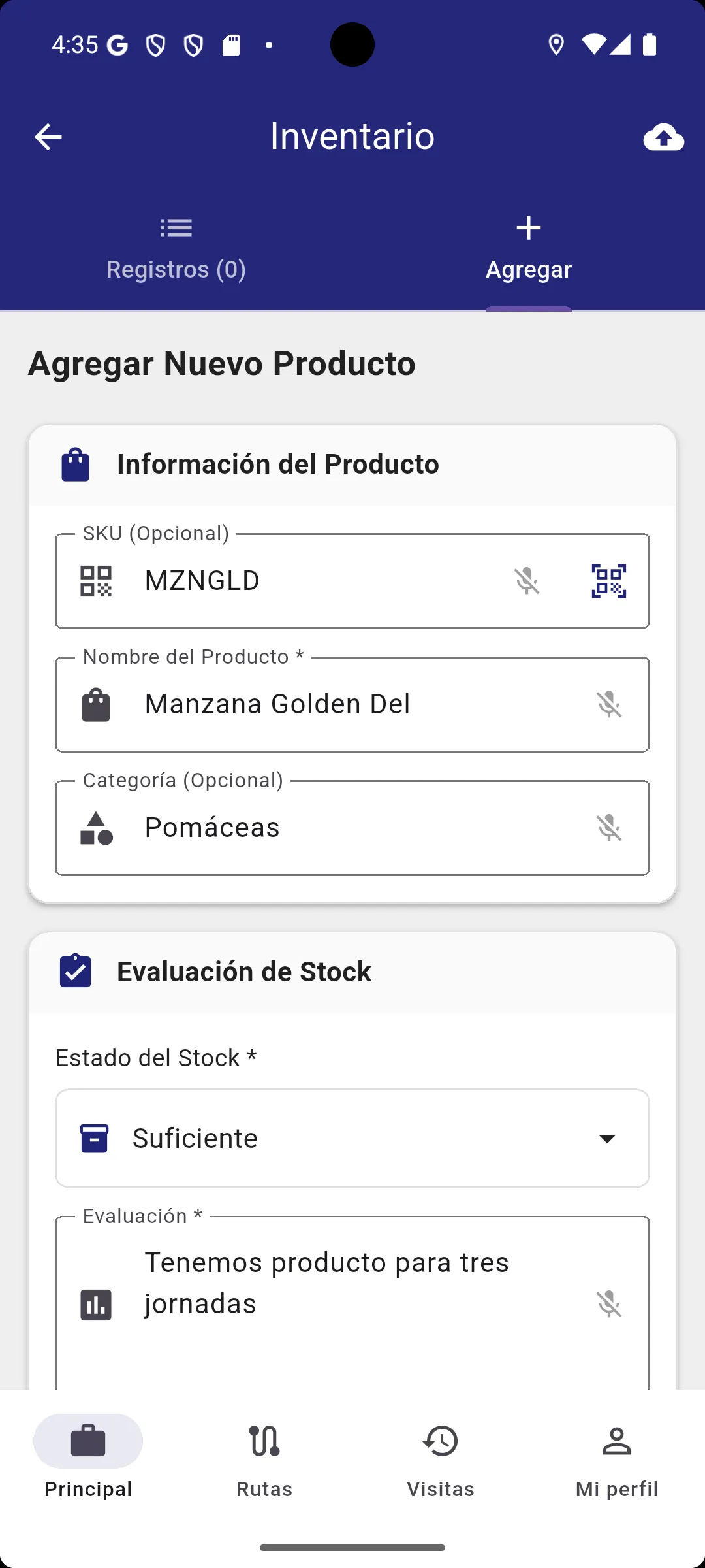 Módulo Store Check mostrando auditoría de inventario, competencia y exhibición